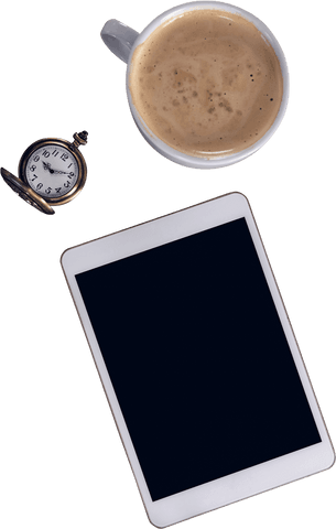 Top View of Tablet with Coffee Cup and Stopwatch on Transparent Background - Download Free Stock Videos Pikwizard.com