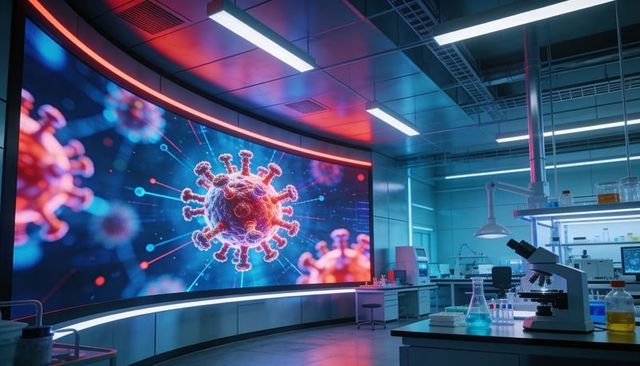 Futuristic lab showcasing curved led virus visualization with microscope and neon lights