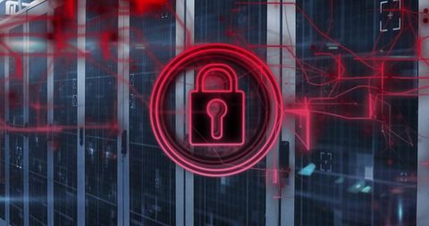 Glowing Padlock Symbol with Circuit Overlay in Modern Data Center