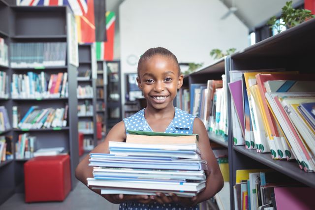 Portrait of smiling girl carrying books by shelf in library