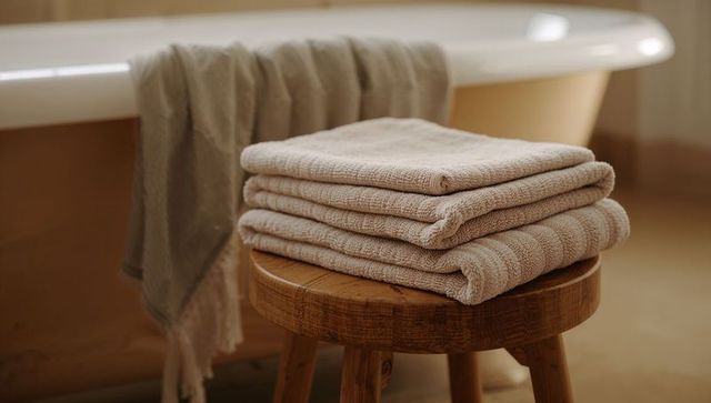 Displaying stack of beige towels resting on wooden stool in minimalist spa bathroom