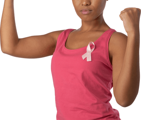 Inspirational Woman Showing Fist Gesture for Transparent Breast Cancer Awareness