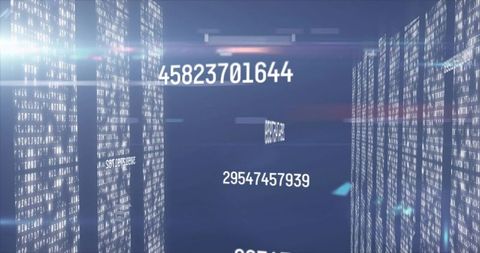 Floating Numeric String in Virtual 3D Data Matrix with Neon Holographic Digit Columns