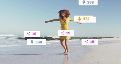 Joyful Woman Spinning on Beach with Social Media Stats Overlay