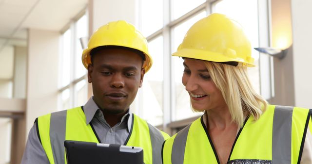 Construction Professionals Collaborating on Tablet On-Site - Download Free Stock Images Pikwizard.com