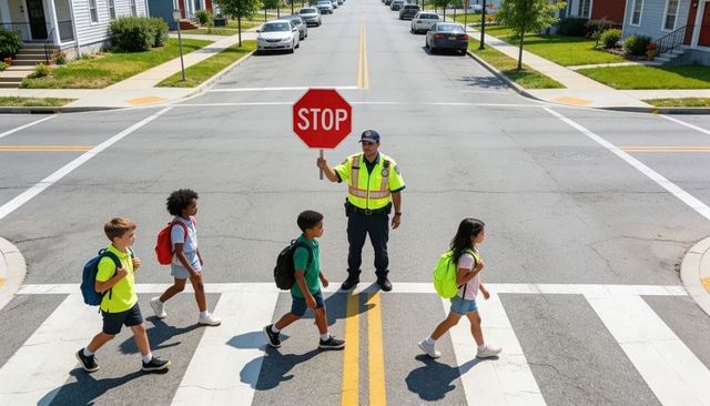 Crossing guard holding stop sign guiding schoolchildren across suburban crosswalk