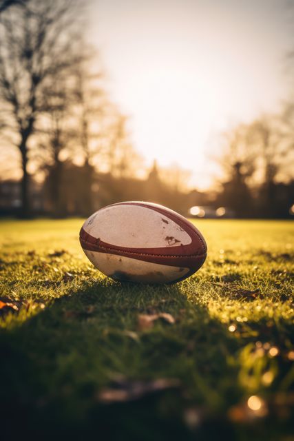 Rugby ball on grassy field during sunset, amidst autumn leaves and bare trees. Suitable for sport-themed content, nature, outdoor activities. Ideal for promoting sports events, outdoor games, recreation in natural settings.