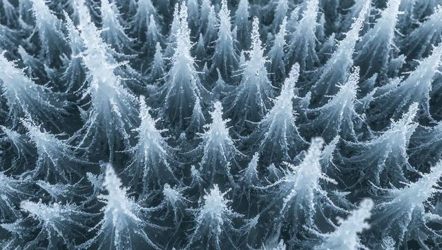Needle-like hoarfrost crystals forming conical spires macro frost texture blue rime