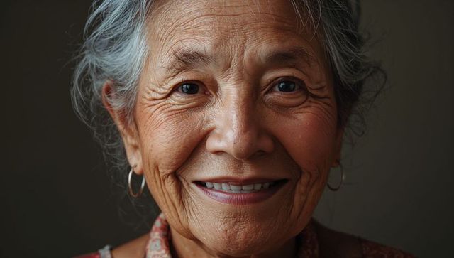 Smiling senior asian woman closeup portrait showing warmth and confidence with silver hair