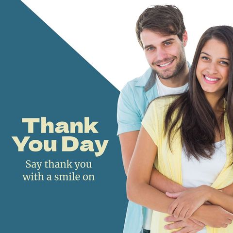 Composition of thank you day text over happy caucasian couple embracing. Thank you day and celebration, digitally generated image.