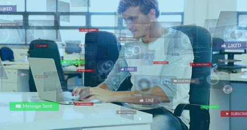 Young professional typing on laptop with futuristic holographic social media notifications overlay