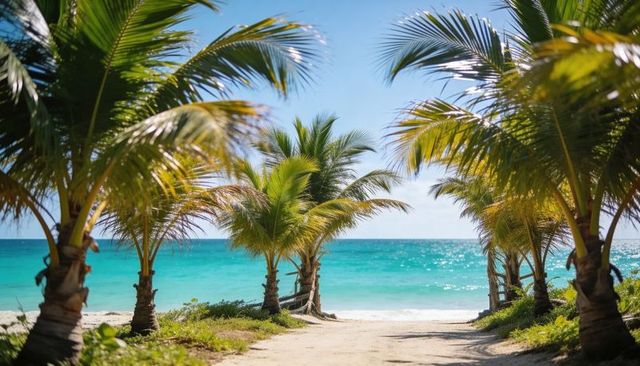 Sandy path through coconut palms leading to turquoise sea and sunlit tropical coastline