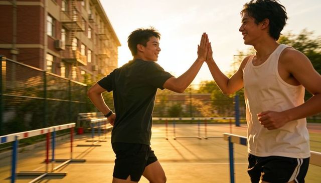 Sunset high-five between asian runners on hurdles track, teamwork and friendship, golden hour court