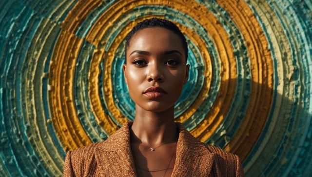 Sunlit portrait woman posing in brown blazer with pendant against teal mustard circular mural