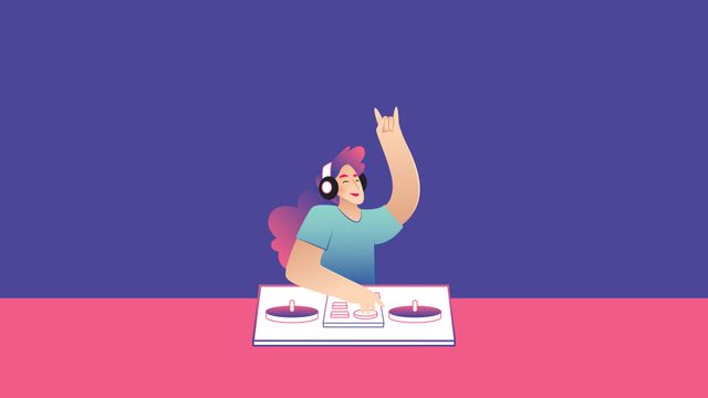 Animated character DJing with headphones and turntables. Ideal for music-themed promotions, party invitations, club events, or entertainment marketing materials. Bright colors and dynamic pose convey energy and fun.