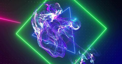 Futuristic digital swirling purple cloud in geometric neon frames