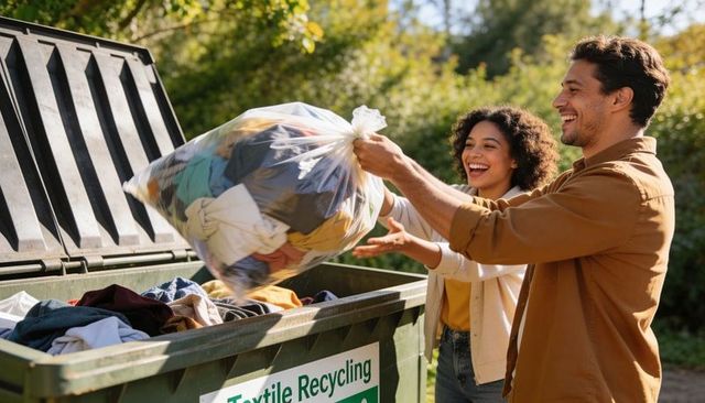 Young couple donating clothes to textile recycling bin, promoting sustainable fashion
