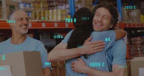Smiling Volunteers in Warehouse with Financial Data Overlay - Download Free Stock Images Pikwizard.com
