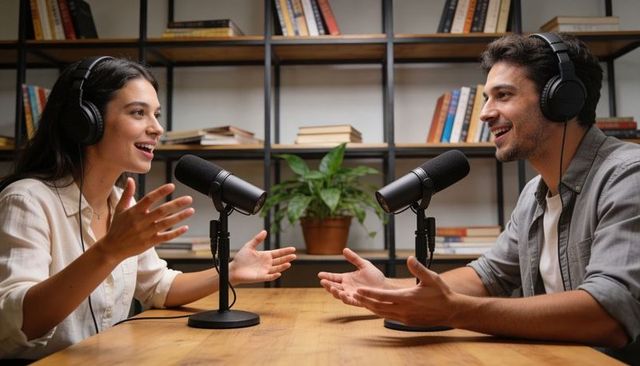 Recording lively podcast conversation between two hosts in warm cozy studio mic setup