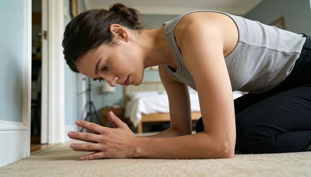 Woman practicing mindful breathing on bedroom carpet during home wellness routine