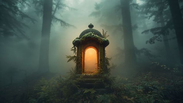 Mystical enchanted lantern glowing in misty forest scene