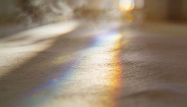 Catching narrow diagonal rainbow light across textured matte surface with warm bokeh glow