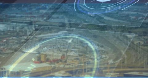 Futuristic Radar Interface Over Urban Industrial Infrastructure