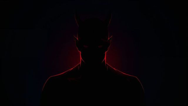 Dark horned silhouette backlit with crimson rim light and glowing eye slits