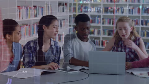 Diverse Students Collaborating with Digital Interface in Library