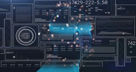 Translucent Wireframe Head Hovering Over Dark Data Console with Biometric Markers