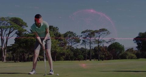 Female golfer putting with futuristic hologram overlays on green