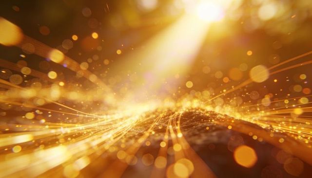 Radiating golden data stream over luminous ridge with bokeh light trails and lens flare