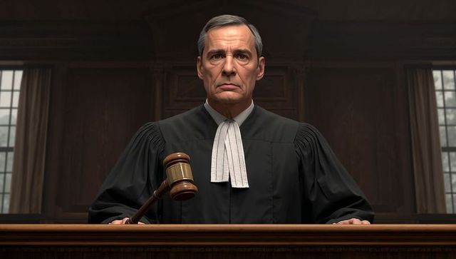 Stern judge raising gavel in courtroom wearing black robe and white neck bands