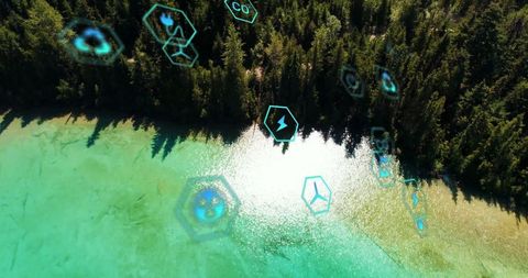 Floating digital icons over lake representing sustainable energy