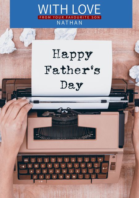 This nostalgic scene shows hands typing a 'Happy Father's Day' message on a vintage typewriter. Ideal for Father's Day cards, family blogs, social media posts, or websites celebrating fatherhood and personal messages.