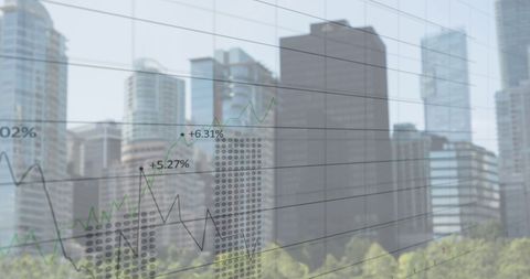 Financial Graphs Superimposed on Cityscape Illustrating Business Trends