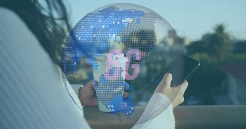 Woman Connecting with 6G Technology at City Balcony