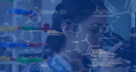Schoolgirl Analyzing Science Experiment with Chemical Formulas Overlay