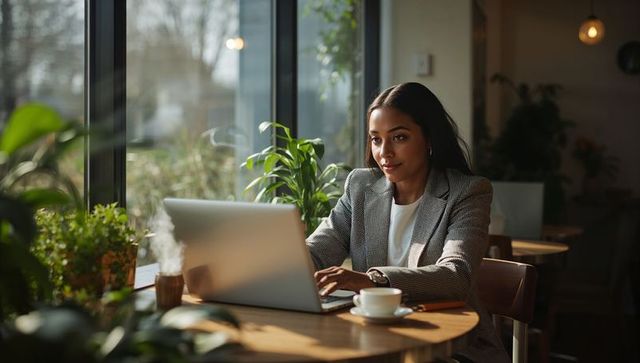 Young professional working on laptop in plant-filled cafe for remote work productivity