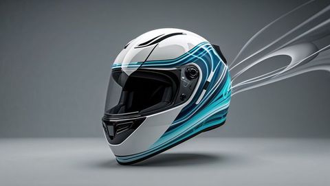 Modern full-face motorcycle helmet with aerodynamic teal stripes, streamline profile