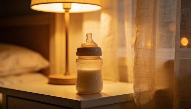 Warm bedtime baby bottle on bedside table with glowing lamp and sheer curtains cozy mood