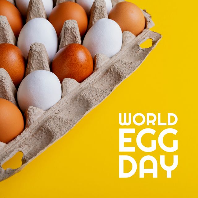 Digital composite image of brown and white eggs in tray with world egg day text on yellow background. Copy space, raw, egg, food, nutrition, healthy, awareness and celebration concept.