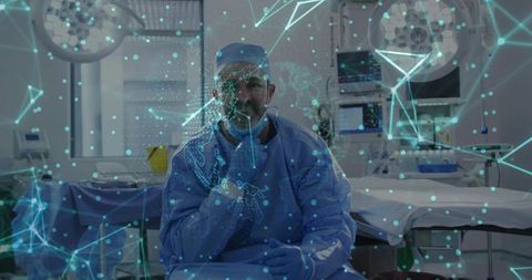 Surgeon in Operating Room with Futuristic Holographic Display