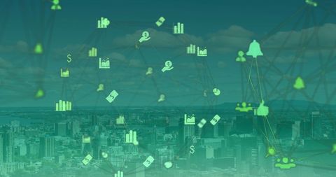 Digital Network Connections Over Cityscape with Business Icons - Download Free Stock Images Pikwizard.com