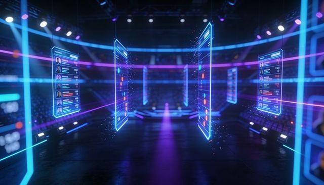 Futuristic esports arena showing floating holographic player panels with neon interface