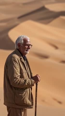 Senior explorer surveying vast sand dunes with walking stick in vertical desert travel video