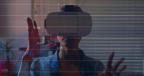 Caucasian Woman Using VR Headset for Data Analysis at Home