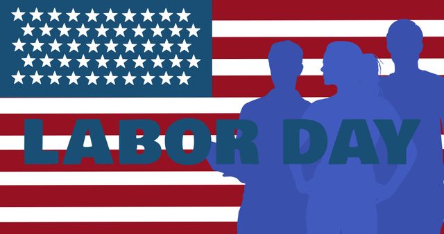 Illustration of flag of america with blue silhouette workers and labor day text. Vector, federal holiday, honor, recognition, american labor movement, celebration, appreciation of works.