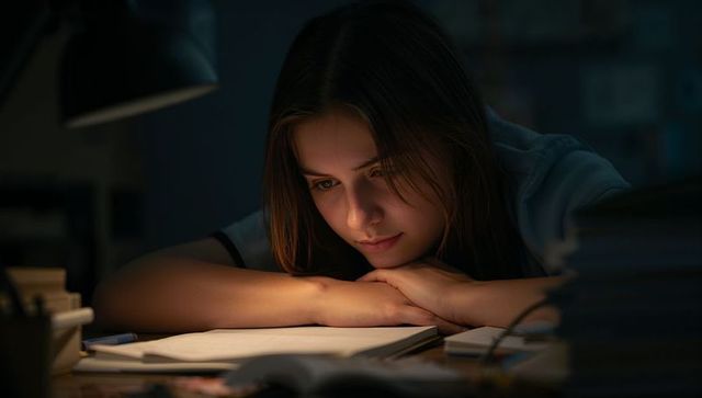 Teen girl studying late at desk under lamp resting on notebook contemplative focus