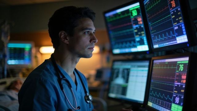 Clinician monitoring multiple vital sign monitors at bedside in dim icu with stethoscope